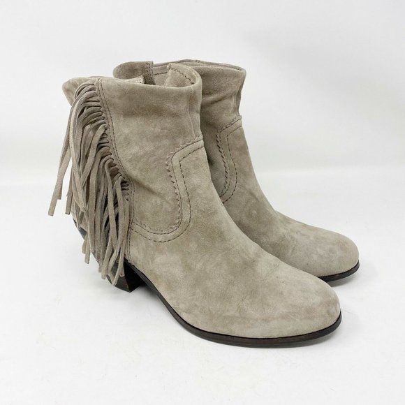 SAM EDELMAN LOUIE Boots Sz 9 Tan Suede Leather Fringe Ankle Booties Stacked Heel - Picture 2 of 11